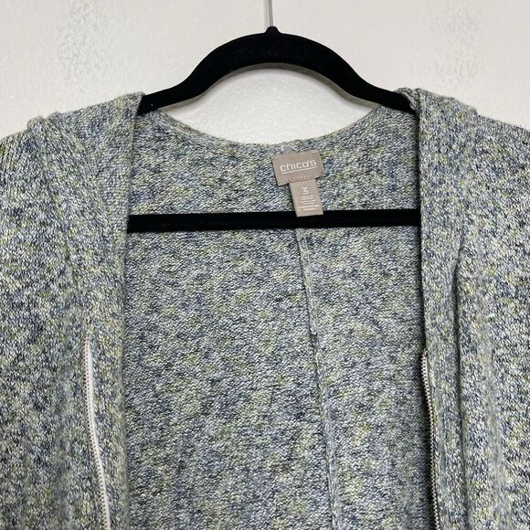 Chicos Sweater Jacket 3 XL Zip Cardigan Knit Blue Green Hooded Mid Length Pocket - Picture 2 of 8